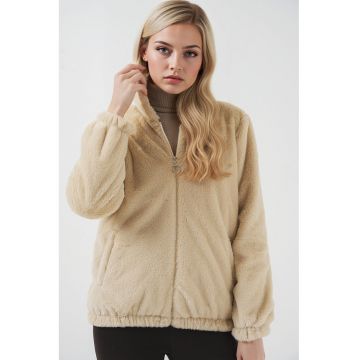 Jacheta din blana artificiala -  cu gluga - calduros - maro nisip - poliester Jacheta din blana artificiala -  cu gluga - calduros - maro nisip - poliester