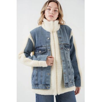 Jacheta din denim dama -  cu detalii din blana - albastru/alb