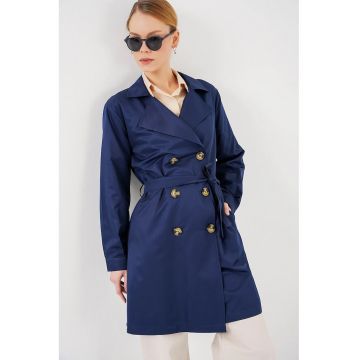 Palton dama - HiCCUP - cu doua randuri de nasturi - textil - albastru