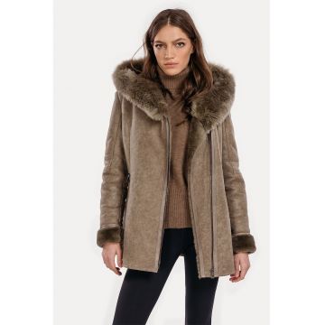 Haina din piele intoarsa cu blana shearling de miel Nina - Maro taupe