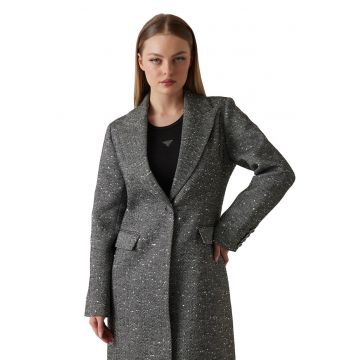 Palton cu revere decupate si buzunare cu clapa - Gri melange