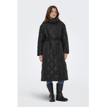 Palton lung matlasat cu cordon in talie - Negru