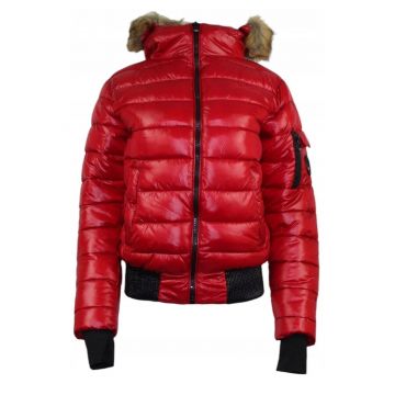 Geaca de dama  Bassima matlasata - rosie - 100% poliamida - cu gluga - izolare optima -