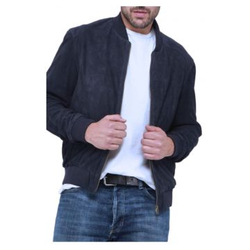 Jacheta din piele nubuck  bleumarin - lungime maneca lunga - guler elegant - set de 1 buc. -