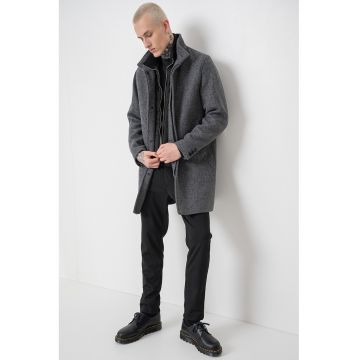 Palton din amestec de lana - Gri inchis melange/Gri inchis
