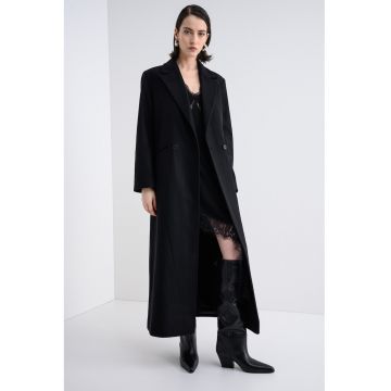 Palton lung din amestec de lana cu logo brodat pe partea din spate