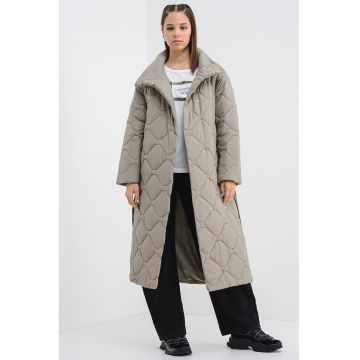 Palton lung matlasat cu cordon in talie - Verde pal