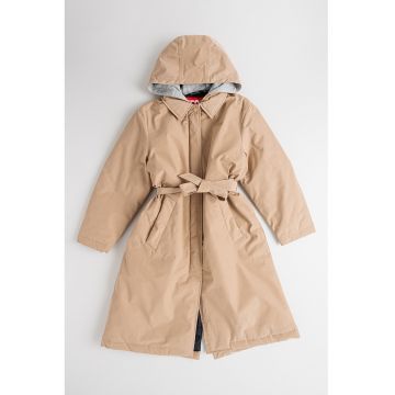 Palton petrecut cu cordon in talie si gluga - Maro camel