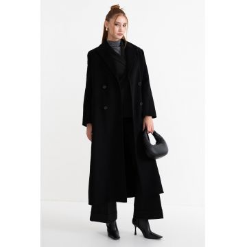 Trenci lung din amestec de lana cu nasturi - Negru