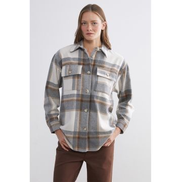 Jacheta-camasa din amestec de lana cu model in carouri - Gri/Bej