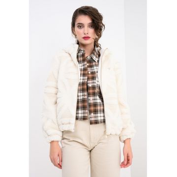 Jacheta din material teddy cu gluga si fermoar