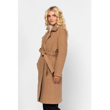 Palton cu cordon in talie si revere decupate - Maro camel