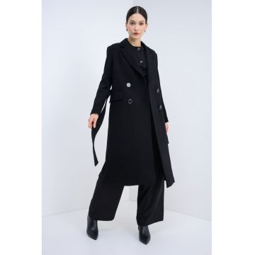 Palton din amestec de lana cu cordon - Negru