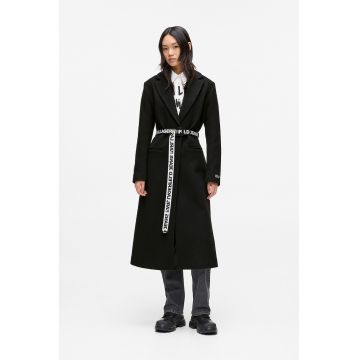 Palton din amestec de lana cu cordon cu logo - Negru