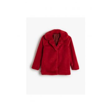 Palton scurt de blana sintetica cu capse - Rosu