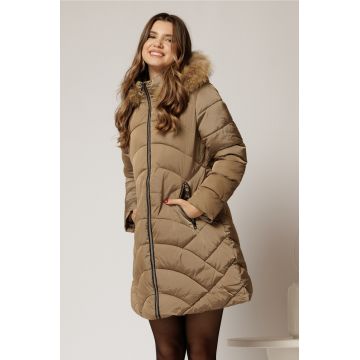 Geaca dama bej cu croi drept si gluga detasabila