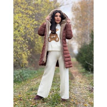 Geaca dama lunga maro cu blanita la gluga