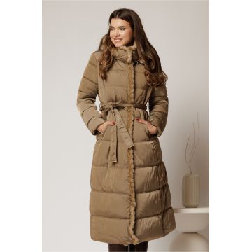 Geaca dama maro lunga cu gluga detasabila si blanita