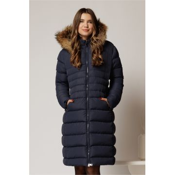 Geaca dama midi bleumarin din fas cu gluga detasabila