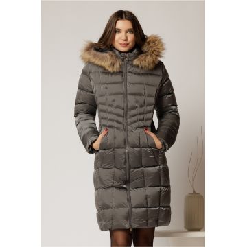 Geaca dama midi gri cu gluga detsabila cu blanita