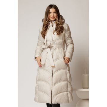 Geaca dama midi ivoar din fas cu gluga detasabila