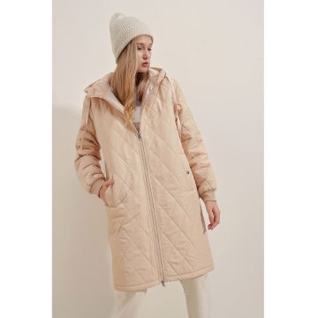 Geaca lunga cu puf -  supradimensionat - cu gluga - maro melanj - textil -