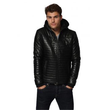 Geaca pentru barbati  cu gluga - matlasata - cu piele naturala - negru