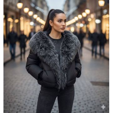 Geaca scurta neagra cu blana ecologica gri