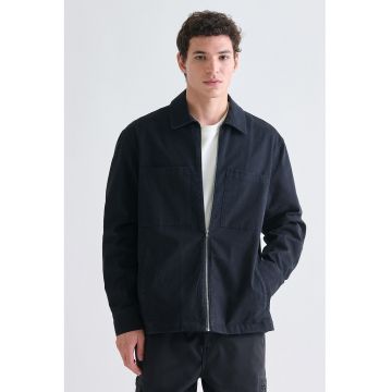 Jacheta-camasa cu fermoar si buzunare aplicate pe piept - Negru