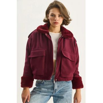 Jacheta dama  cu fermoar - amestec de lana - medie - texturata - bordeaux - bumbac