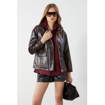 Jacheta de piele ecologica cu buzunare cu clapa
