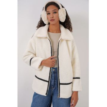 Jacheta din blana artificiala -  guler sal - ecru - blana artificiala -