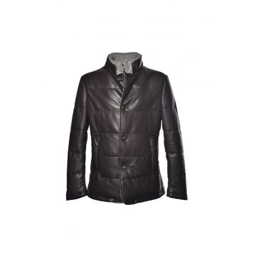 Jacheta din piele cu nasturi si guler mediu