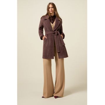 Palton cu revere decupate si cordon in talie - Maro inchis