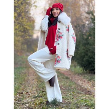 Palton dama cu flori brodate si guler din blana