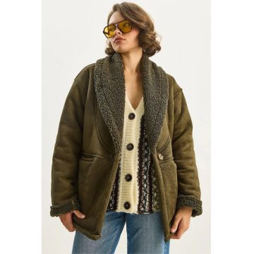 Palton dama -  pufos - kaki - blana artificiala