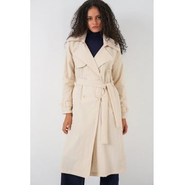 Palton dama -  trench lung - doua randuri de nasturi - crem - textil