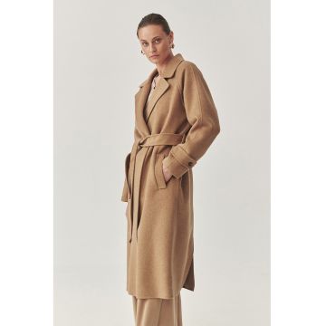 Palton lung din amestec de lana cu cordon in talie