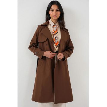 Palton pentru dama - HiCCUP - captusit - cu doua randuri de nasturi - maro - poliester