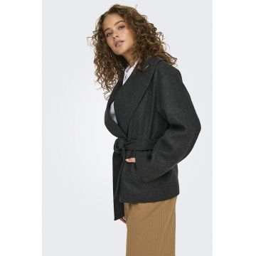 Palton scurt cu cordon in talie - Gri inchis melange