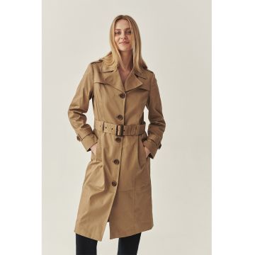 Trenci din amestec de bumbac cu curea in talie - Maro nisip