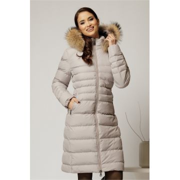 Geaca dama midi gri deschis din fas cu gluga detasabila