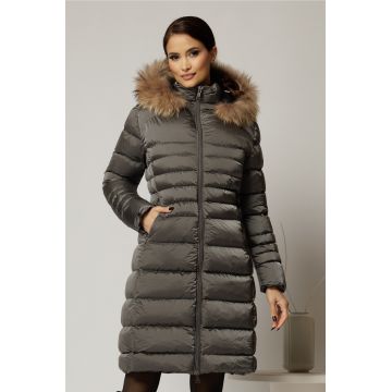 Geaca dama midi gri din fas cu gluga detasabila