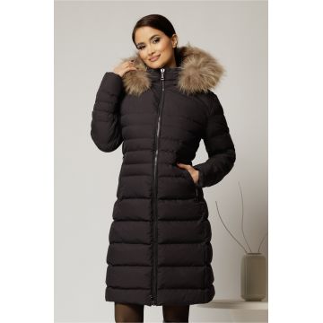 Geaca dama midi neagra din fas cu gluga detasabila