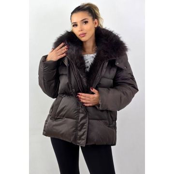 Geaca groasa de fas, SoReal, asimetrica, cu guler din blana eco, MARO