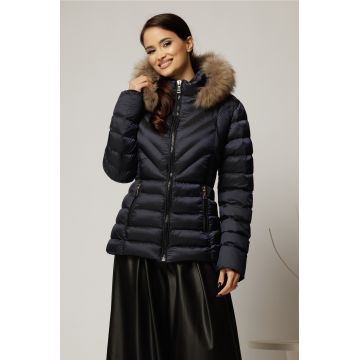 Geaca scurta bleumarin cu blanita naturala la gluga