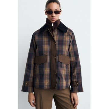 Jacheta-camasa cu model in carouri si garnituri contrastante - Maro inchis/Bleumarin