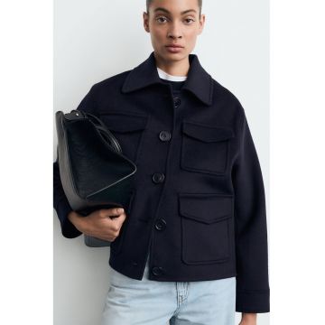 Jacheta-camasa din amestec de lana cu buzunare multiple - Albastru ultramarin