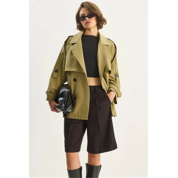 Palton dama -  trench midi cu nasturi - verde - textil -