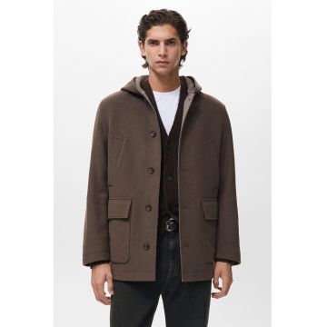 Palton din amestec de lana cu gluga - Maro inchis